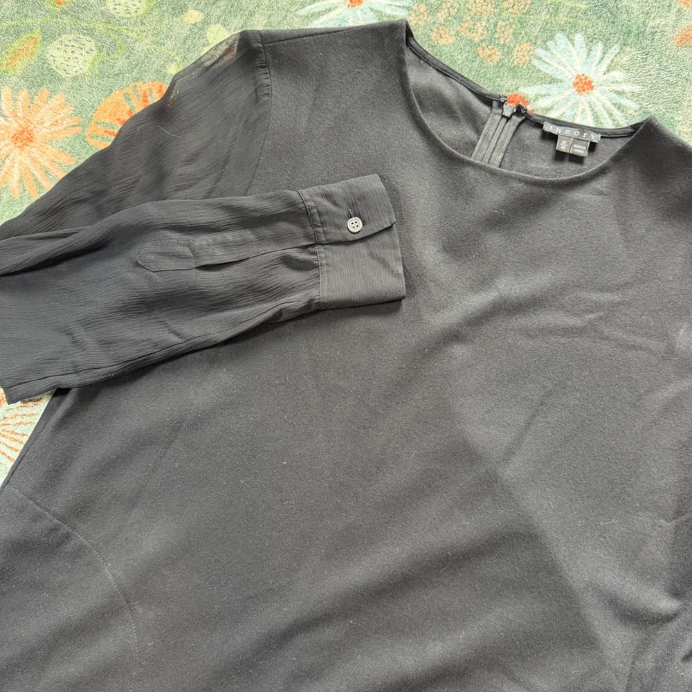 Theory Black Wool Silk Mixed Media Blouse Sheer Long Sleeve Top Size M‎